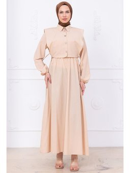 Bolerolu Beli Lastikli Bej Elbise