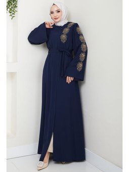 Çiçek Taşlı Kuşaklı Lacivert Ferace