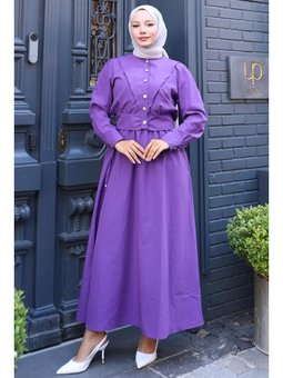 Düğmeli Ceketli Cepli Beli Bağlamalı Jile Mor Elbise