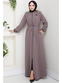 File Kapüşonlu Bağlamalı Açık Kahve Ferace