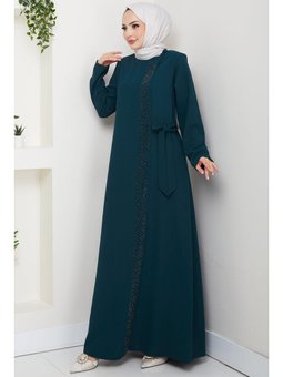 Gizli Fermuarlı Yandan Bağlamalı Boncuklu Zümrüt Yeşili Ferace