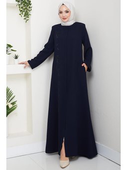 Gizli Patlı Taşlı Lacivert Ferace