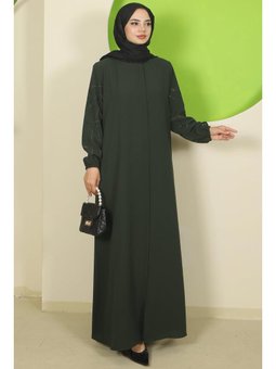 Kolları Taşlı Büyük Beden Haki Ferace