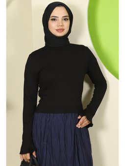 Manşeti Volanlı Bisiklet Yaka Body Siyah