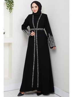 Taş Detaylı İçlikli Abaya Takım Siyah