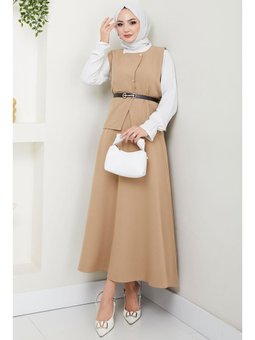 Yelekli Etekli İkili Bej Takım