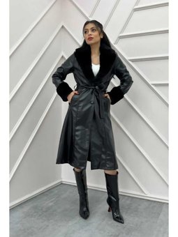 Astarlı Yakası Kürklü Deri Trençkot