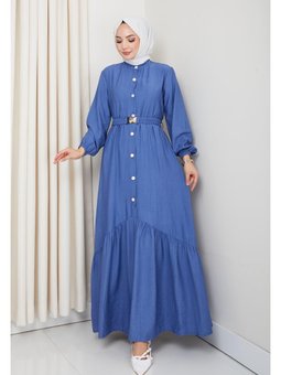 Beli Kemerli Düğme Detaylı Çilek Kumaş Mavi Elbise