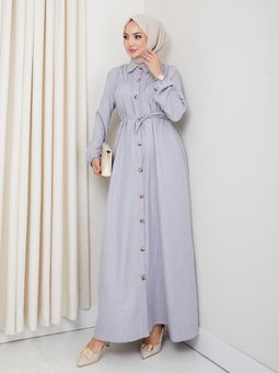 Büzgü Detaylı Kuşaklı Düğmeli Gri Elbise