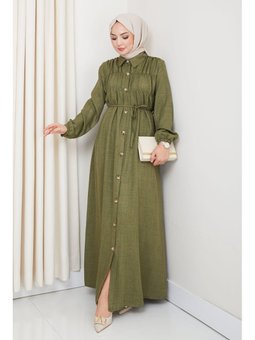 Büzgü Detaylı Kuşaklı Düğmeli Yeşil Elbise