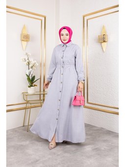 Cep Detaylı Düğmeli Bel Lastikli Gri Elbise