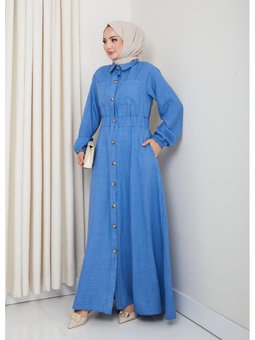 Cep Detaylı Düğmeli Kuşaklı Mavi Keten Elbise