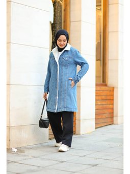 Cepli Düğmeli İçi Kürklü Uzun Mavi Kot Ceket