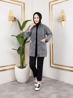 Cepli Düğmeli Koyu Gri Kot Ceket