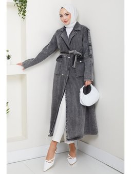Cepli Kuşaklı Denim Koyu Gri Trençkot