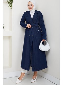 Cepli Kuşaklı Denim Lacivert Trençkot