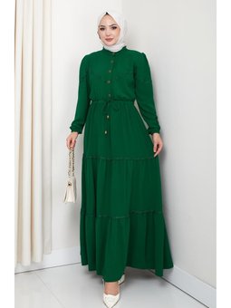 Dantel Detaylı Bel Bağcıklı Yeşil Ayrobin Elbise