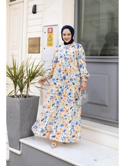 Düğmeli Desenli Mavi Modal Elbise