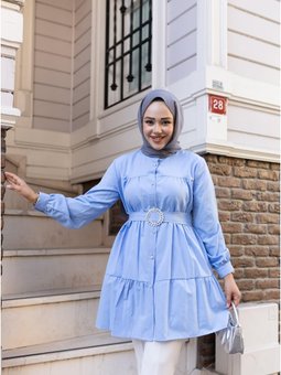 Düğmeli Kemer Detaylı Mavi Gömlek