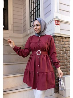 Düğmeli Kemer Detaylı Mor Gömlek