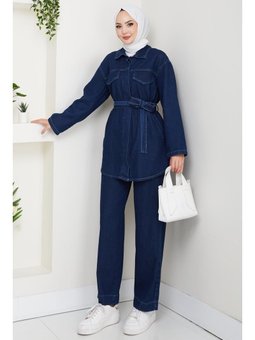 Düğmeli Kuşaklı Lacivert İkili Takım