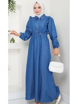 Fermuar Detaylı Fırfırlı Kot Elbise