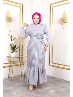 Fırfır Detaylı Kuşaklı Gri Keten Elbise