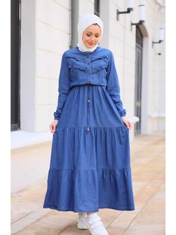 Fırfırlı Denim Kot Mavi Elbise