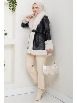 İçi Astarlı Tüylü Kemerli Deri Siyah Ceket