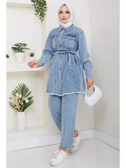 İnci Detaylı Kemerli Mavi Kot Takım
