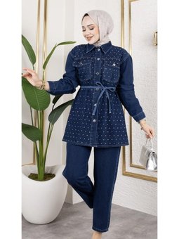 İnci Taş Detaylı 2li Kot Takım