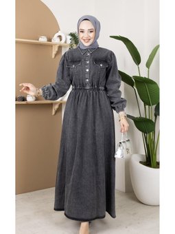 Kapak Cep Detaylı Beli Lastikli Kot Elbise