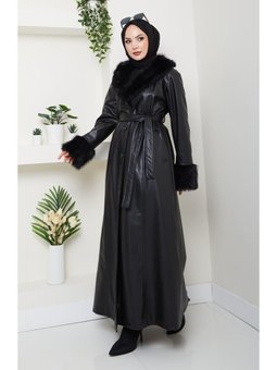 Kürk Detaylı Fermuarlı Uzun Astarlı Siyah Kap
