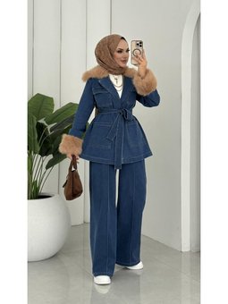 Kuşaklı Kürk Detaylı Cepli İkili Kot Mavi Takım