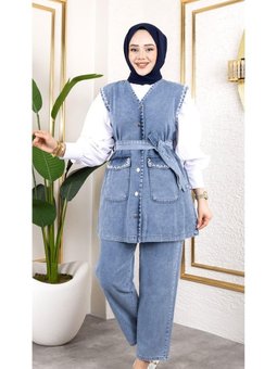 Pantolon 2li Takım Boncuk İşlemeli Kuşaklı Yelek