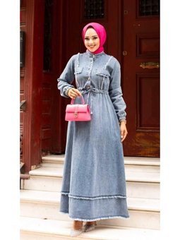 Püsküllü Denim Kot Elbise