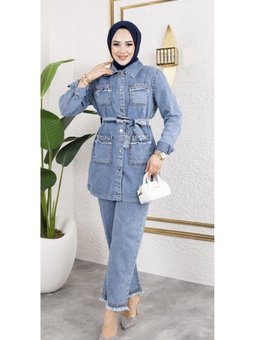 Taş Detaylı 2li Takım Kot Ceket Pantolon