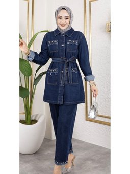 Taş Detaylı 2li Takım Kot Ceket Pantolon