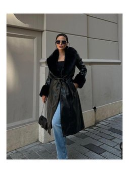 Yakası Kürk Görünümlü Astarlı Deri Trençkot