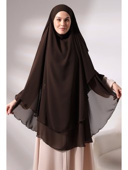 Kahve Şifon Üç Katlı Peçeli Uzun Sufle Kahverengi Eşarp