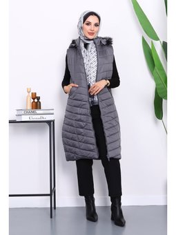 Antrasit Kapüşonlu Uzun Şişme Yelek