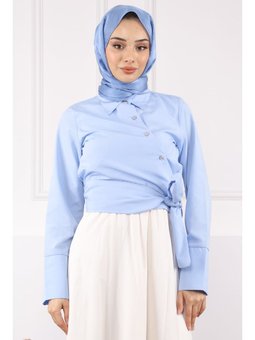 Bebe Mavi Bel Bağlamalı Crop Gömlek