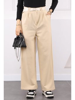 Bej Çift Pileli Kemerli Likralı Palazzo Pantolon