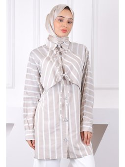 Bej Çizgili Yaka Detaylı Gömlek