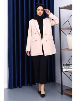 Bej Düğmeli Kruvaze Yaka Krep Ceket