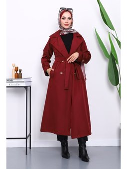 Bordo Kravuze Yaka Kuşaklı Astarlı Trençkot