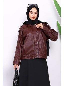 Bordo Omuz Apoletli Deri Ceket