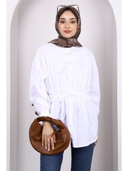 Ekru Bel Lastikli Düğmeli Tunik