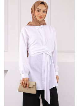 Ekru Kuşak Detaylı Bürümcük Gömlek