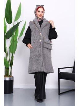 Füme Çanta Hadiyeli Angora Pelüş Kürk Yelek